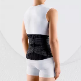 Elastic medical lumbar fixation corset from breathable and durable material with metal inserts and straps for regulating compression, reinforced, black, TONUS 0012-02 Air