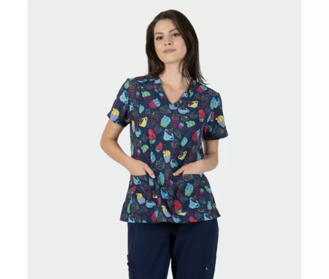 Women's Medical tunic ISABELLA, blue with cup cake Women's Medical tunic ISABELLA, blue with cup cake