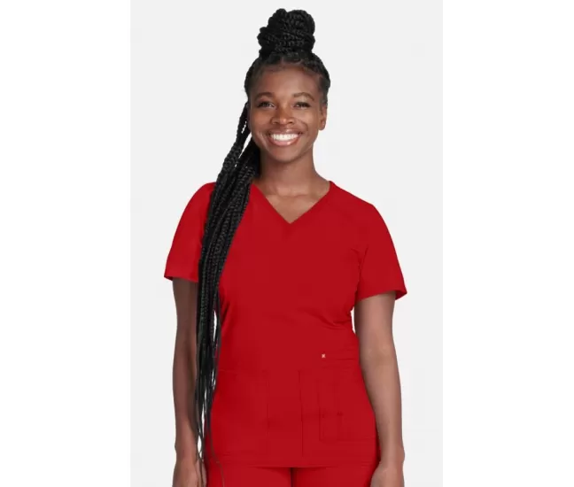 Women's V-Neck Knit Panel Solid Scrub Top CK605 Red