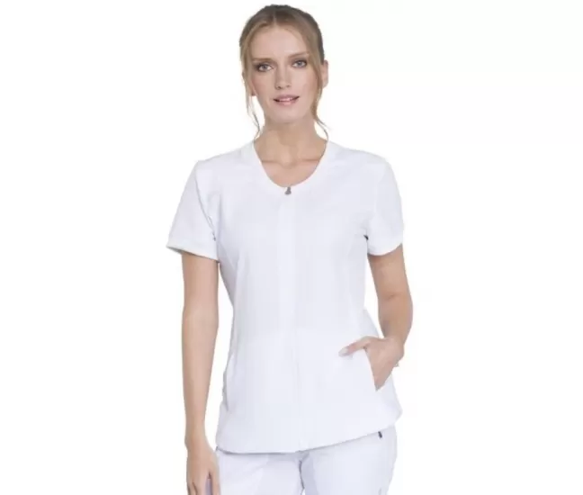 Women's Zip Front Round Neck Solid Scrub Top CK810A White