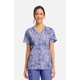 Medicininė moteriška palaidinė CK856 balta su violetiniais gėlių motyvais Medicininė moteriška palaidinė CK856 balta su violetiniais gėlių motyvais