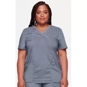Women's Shaped 3-Pocket Mock Wrap Scrub Top WW610 Grey
