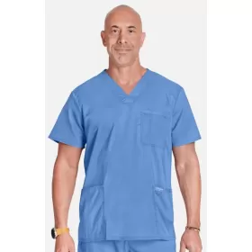 Men's V-Neck Utility Solid Scrub Top WW670 Ciel Blue
