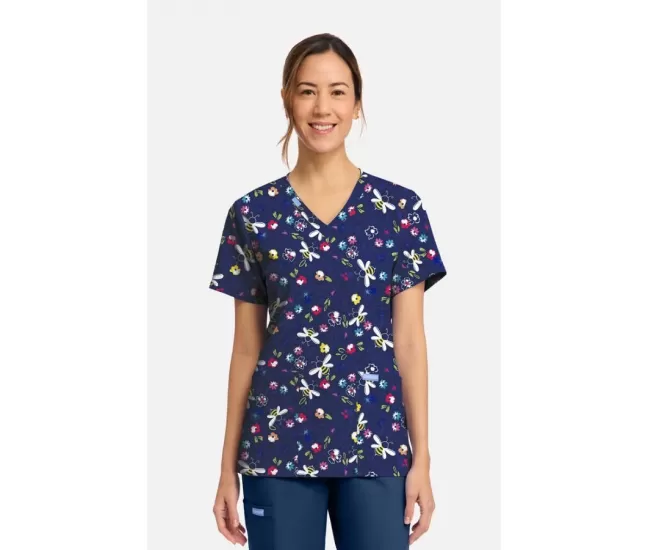 Medicininė moteriška palaidinė CK856 tamsiai mėlyna su gėlių ir bičių motyvais