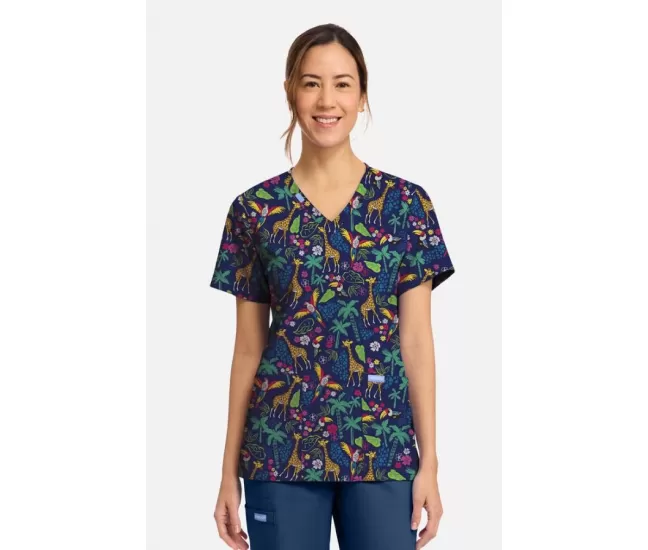 Medicininė moteriška palaidinė CK856 tamsiai mėlyna su džiunglių motyvais