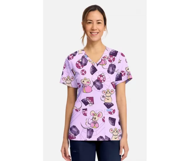 Medicininė moteriška palaidinė CK856 švelniai violetinė su pelyčių motyvais