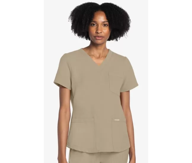 Women's 3-Pocket V-Neck Shirttail Scrub Top CK961A Khaki