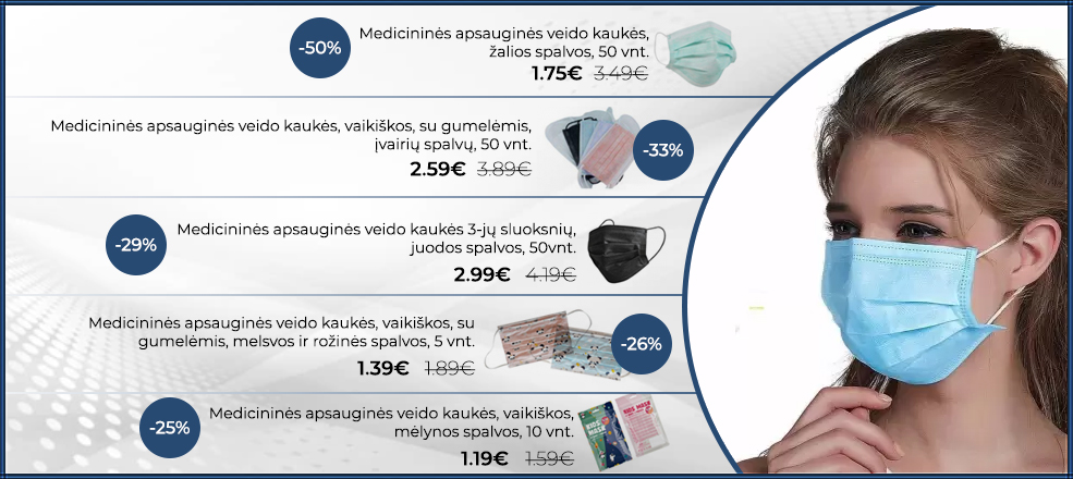 Medicininių veido kaukių pasiūlymai JUMS